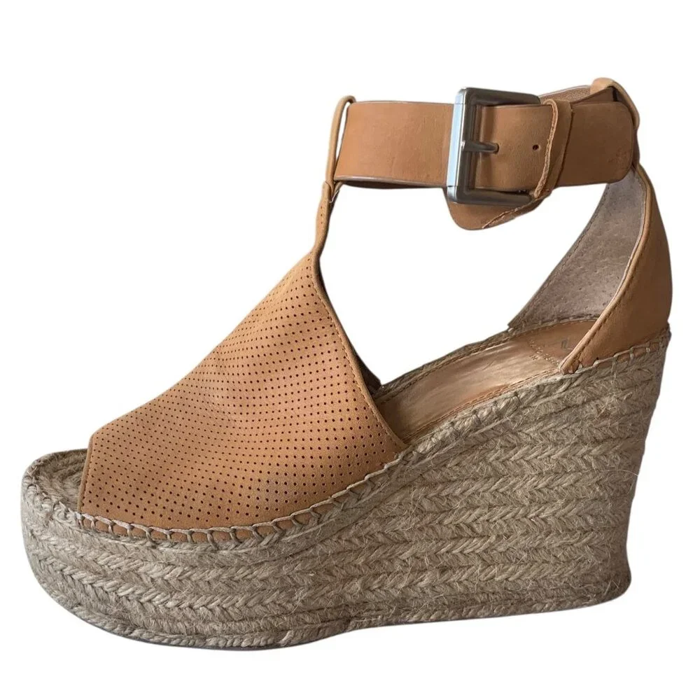 MARC FISHER Tan Leather Annie Perforated Espadrille Platform Wedge Sandals 8